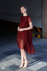 Sheer Organza Dress with Ruffled Hem – Flowy Midi Silhouette for Elegant Occasion Wear